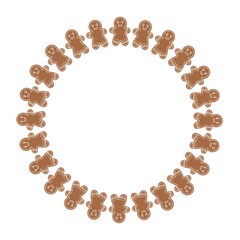 Raster illustration of a gingerbread man cookie wreath arranged in a circle. Festive Christmas border or frame design, perfect for holiday cards, invitations, packaging, and seasonal decorations