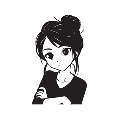 Beautiful Kawaii Girl Black and White Vector Illustration in Cute Simple Line Art Style