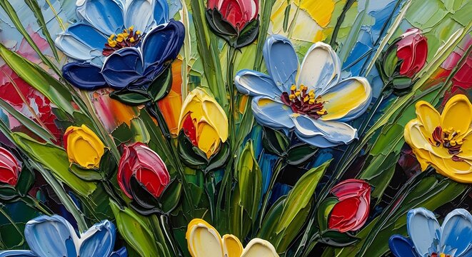 Vibrant impressionistic oil painting of a colorful bouquet of wildflowers in full bloom - Powered by Adobe