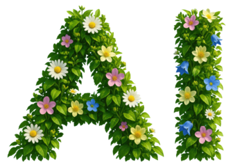 Letters A and I formed by green leaves and colorful flowers on a blue background artificial intelligence isolated on a transparent background