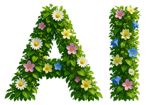 Letters A and I formed by green leaves and colorful flowers on a blue background artificial intelligence isolated on a transparent background
