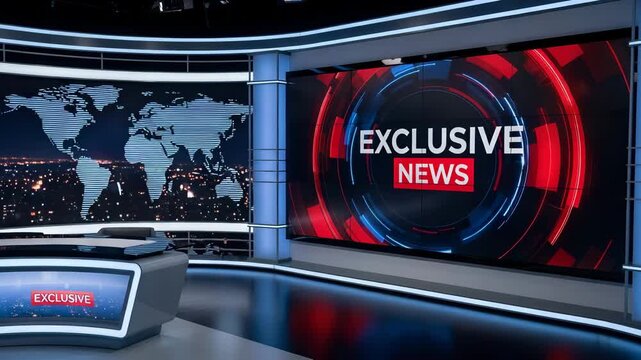 News studio with exclusive news on the screen