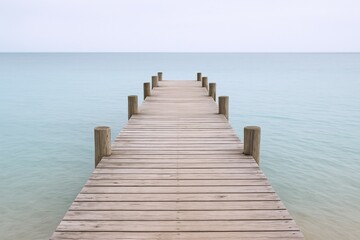 Fototapeta premium Wooden Pier Extending Over Calm Blue Ocean Waters, A Serene and Minimalist Coastal Scene