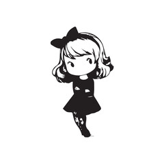 Beautiful Kawaii Girl Black and White Vector Illustration in Cute Simple Line Art Style