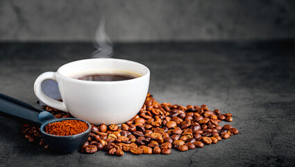 Coffee cup with coffee beans and ground coffee on gray background, Americano cup aromatic