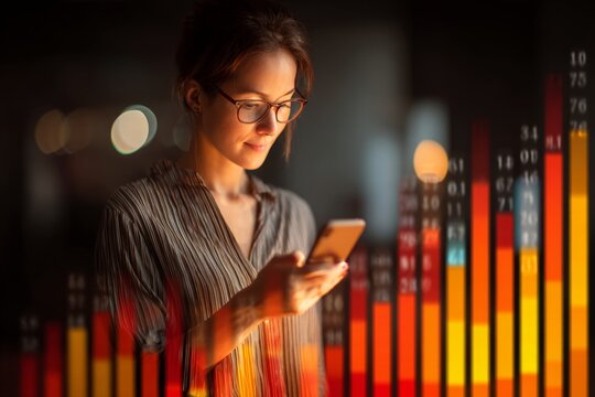 Empowering efficiency: balancing digital tools at the office. Profit projection. On-the-go tech-savvy: an asian businesswoman immersed in online tasks. Sales analytics. Business metrics.