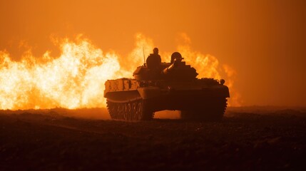 Caterpillar tank leaving the detonation zone on battlefield. War. Army machine. Invasion. Campaign