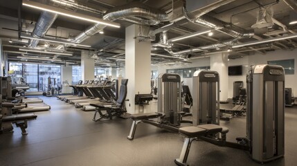 Modern Gym Interior with Exercise Equipment, Treadmills, Weight Machines, and Industrial Ceiling Design for Fitness Advertising