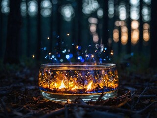 A glass sphere with a miniature campfire inside, featuring a beautiful array of small, colorful stars within. Set in a dark forest scene.
