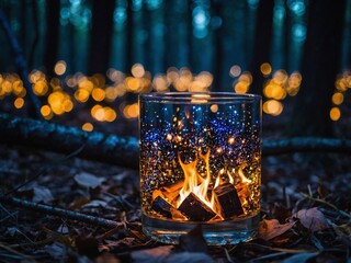 A glass sphere with a miniature campfire inside, featuring a beautiful array of small, colorful stars within. Set in a dark forest scene.
