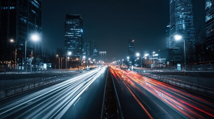 Nighttime Cityscape with Light Trails: Urban Traffic and Modern Architecture in a Metropolitan Area