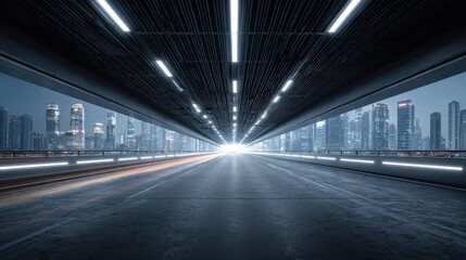 Fototapeta premium Urban Tunnel Perspective with Cityscape Background, Modern Architecture and Infrastructure for Transportation and Urban Development