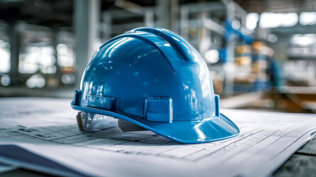 Blue safety helmet resting on architectural blueprints in a bright industrial workspace symbolizing construction planning and engineering precision - Powered by Adobe