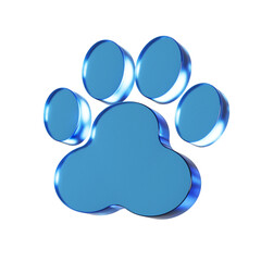 ペットの肉球のフラットなアイコンの3Dイラスト。透明感のある青いグラスモーフィズムなマーク