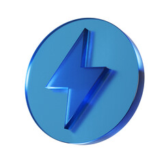 丸い充電マークのフラットなアイコンの3Dイラスト。透明感のある青いグラスモーフィズムなマーク