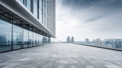 Obraz premium Modern Office Building Exterior with City Skyline and Glass Facade on Overcast Day