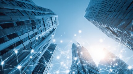 Skyscrapers Connecting with Data Network: A Modern Urban Landscape with Digital Connectivity and Futuristic Technology