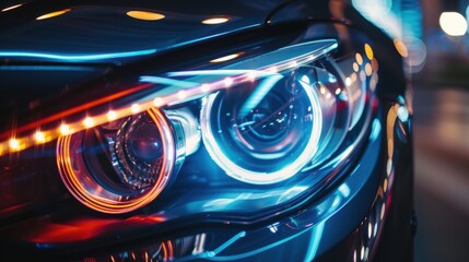 Close-up of a modern car headlight with vibrant blue and orange LED lights. The sleek design highlights advanced automotive technology and urban aesthetics.