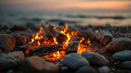 Glowing fire with burning logs surrounded by smooth stones on a beach at sunset with a softly blurred ocean horizon in the background
