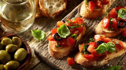Authentic Bruschetta Platter with Fresh Tomatoes, Basil and Olives Served with White Wine and Green Olives
