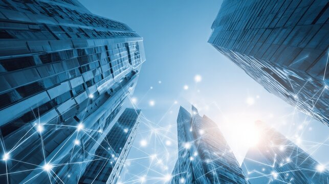 Skyscrapers Connecting with Data Network: A Modern Urban Landscape with Digital Connectivity and Futuristic Technology