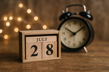 July 28th Wooden Block Calendar with Vintage Alarm Clock and Warm Bokeh Lights, Timeless Date Reminder