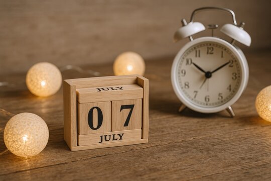 Wooden July 7 Calendar with Alarm Clock and Decorative Lights, Setting Reminders for Important Events