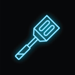 Blue neon sign of a kitchen spatula glowing on a black background