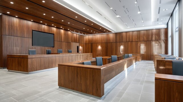 Modern Courthouse Interior with Wooden Paneling, Seating, and Display Screen for Legal Proceedings