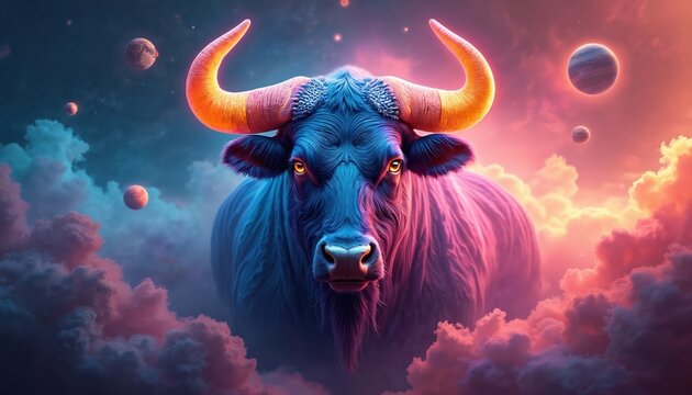 Vibrant Taurus zodiac sign bull with glowing orange horns, blue purple fur stands in cosmic space. Pink, blue clouds surround giant animal. Planets float in starry sky background. Astrological sign