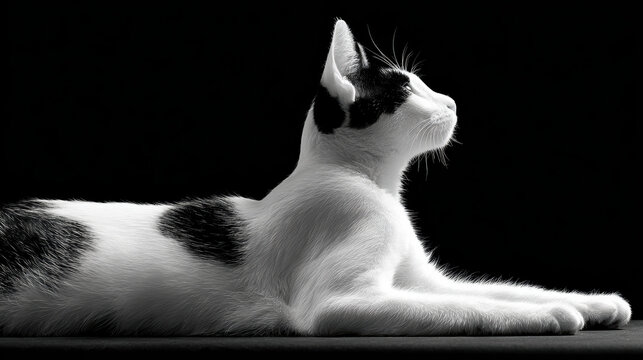 Calm, elegant black and white portrait of feline pet cat. This monochrome profile shows beautiful animal lying with serene gaze