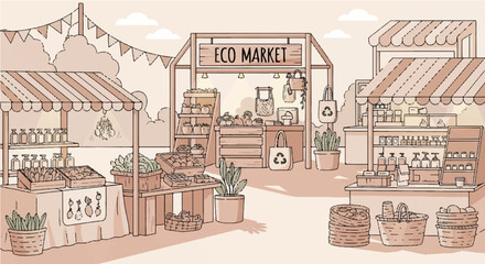 Charming Illustration of an Eco Market Scene with Stalls Selling Sustainable Products and Fresh Produce