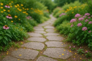 Stone Pathway Through Vibrant Flower Garden, Ideal for Serene Nature and Landscape Photography