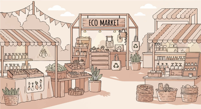 Charming Illustration of an Eco Market Scene with Stalls Selling Sustainable Products and Fresh Produce