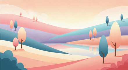 A Pastel Dreamscape Serene Rolling Hills and Trees Reflected in a Calm Body of Water Under a Soft Sky