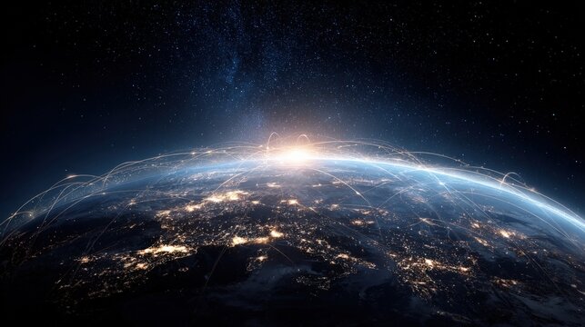 Earth From Space at Night: Global Communication Network and City Lights Visualization