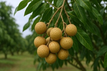 Fresh Longan Fruit Hanging on Tree Branch with Green Leaves in an Orchard