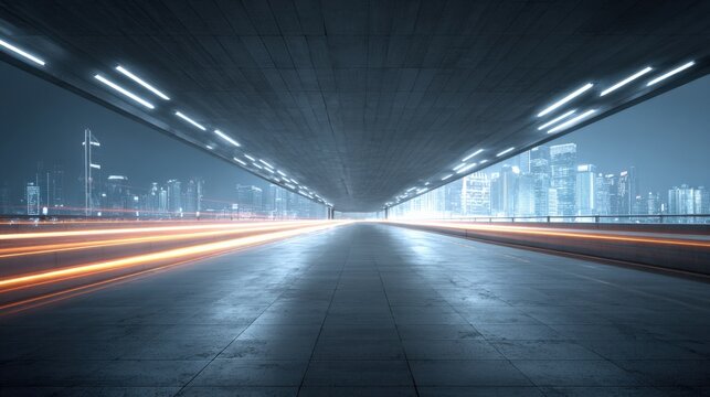 Urban landscape with light trails under a bridge, city skyline background and bright neon lights