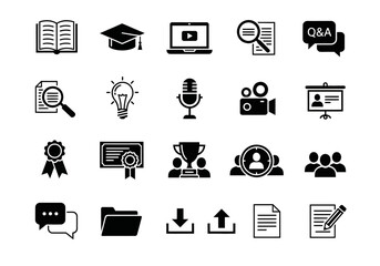 Glyph icon set for e-learning, online education, and webinar presentations. Vector symbols for school, university, and business training