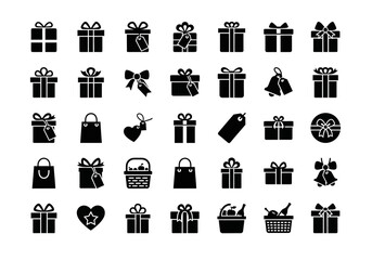A comprehensive set of black silhouette gift icons, including various present boxes, shopping bags, bows, and tags for celebration design npm34.eps