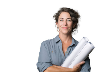 Blueprint Dreams: A skilled female architect embraces her passion, confidently holding a set of rolled blueprints, her gaze radiating expertise and creativity.