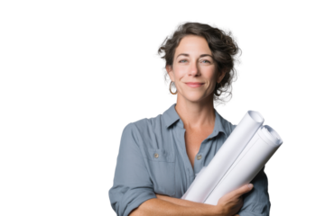 Blueprint Dreams: A skilled female architect embraces her passion, confidently holding a set of rolled blueprints, her gaze radiating expertise and creativity.