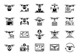 Set of linear icons for drone delivery service, quadcopter logistics, and unmanned aerial vehicle technology