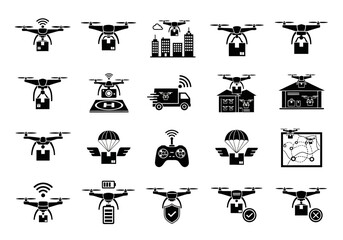 Drone delivery glyph icon set illustrating package shipping, autonomous logistics, and unmanned aerial vehicle technology services