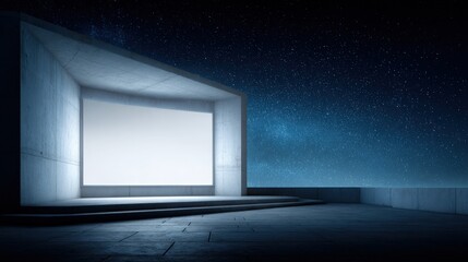 Modern architectural platform with blank screen under a starry night sky, presenting endless possibilities