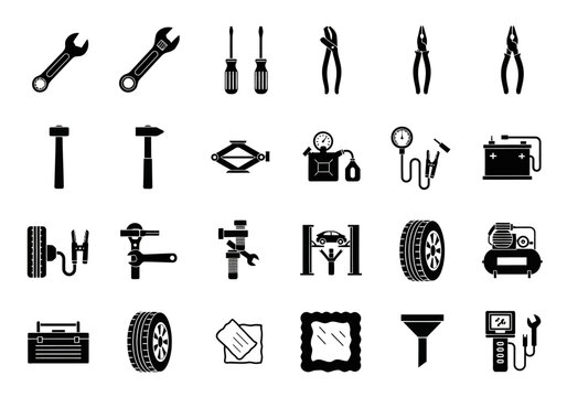 A comprehensive vector icon set of car service and auto repair tools for vehicle maintenance, garage, and mechanic workshop concepts
