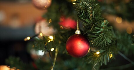 Background, Christmas and decoration with bauble on tree in home for celebration, event or tradition. Festive, holiday and wallpaper with ball in apartment for aesthetic, December or winter season