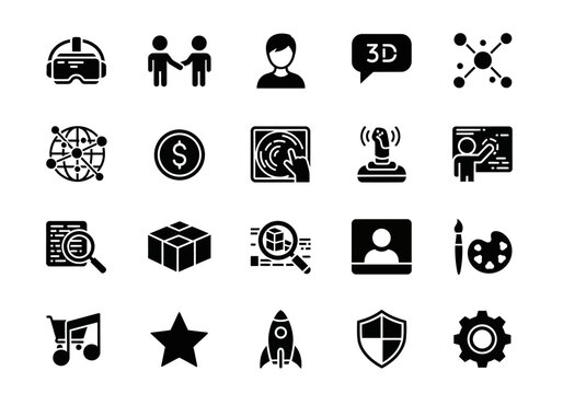 Collection of modern solid glyph icons for technology projects, representing virtual reality, business, coding, security, and creative concepts