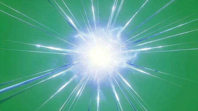 Bright glowing energy orb emitting light rays and particles on a vibrant green screen background for compositing