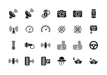 Glyph icon set for automobile parts, smart car features, and modern transportation technology